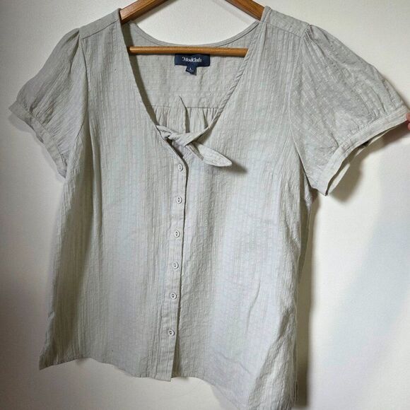 EUC MODCLOTH V NECK WITH SMALL BOW TIE BUTTONED BLOUSE TOP SIZE L - Picture 3 of 16